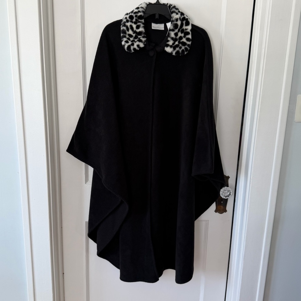 Worthington Black Poncho with Animal Print Collar